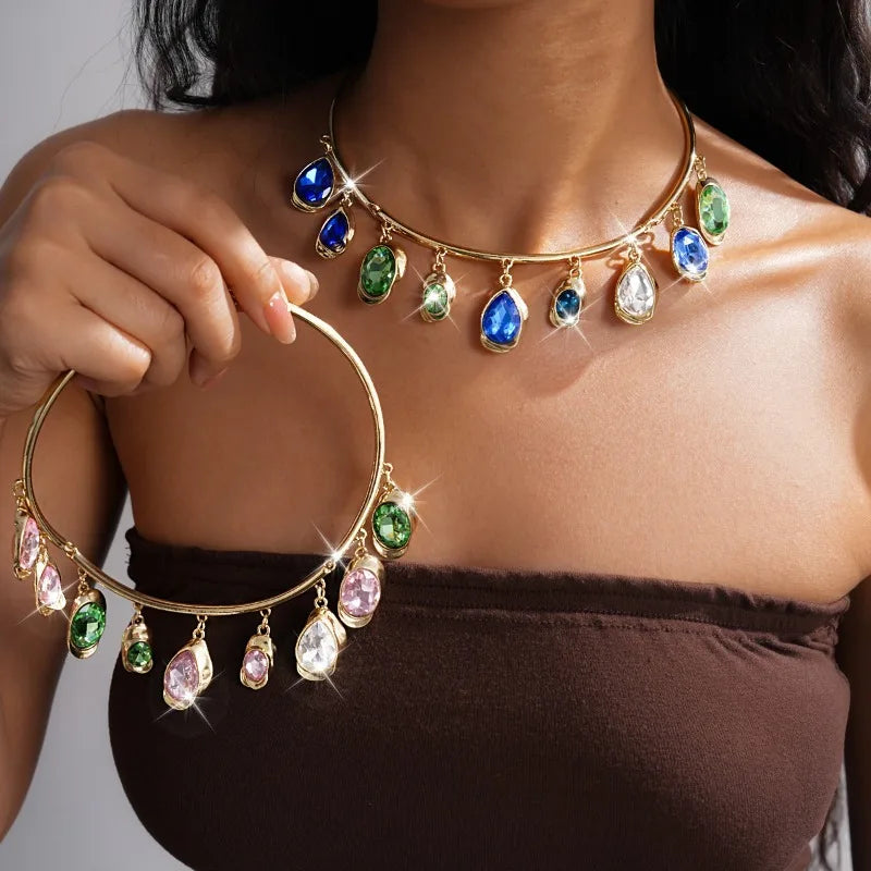 Women’s Boho Water Drop Wood & Rhinestone Necklace