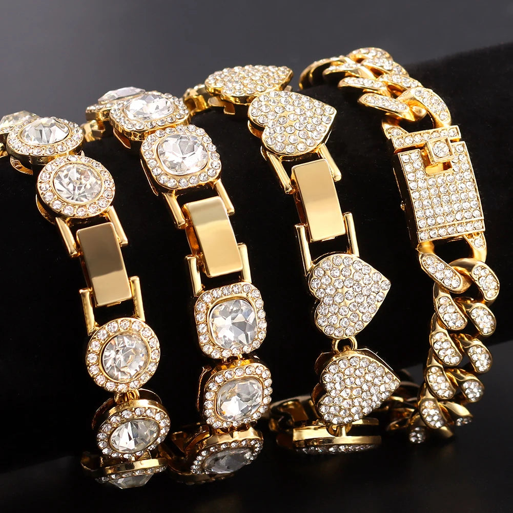 Iced Out Pink Cuban Bracelet Set for Women – 4Pcs Hip Hop Crystal Heart, Circle & Square Gold/Silver Tone Bracelets, Fashion Jewelry Gift