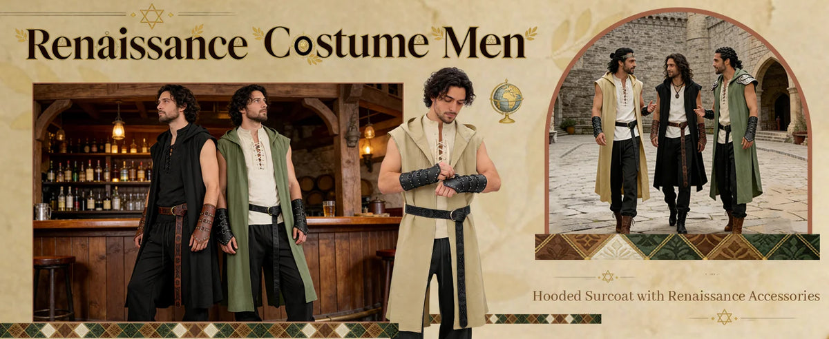Verceco Men’s Renaissance Costume Set – Medieval/Renaissance Costume for Men with Hooded Surcoat Leather Belt & Bracers