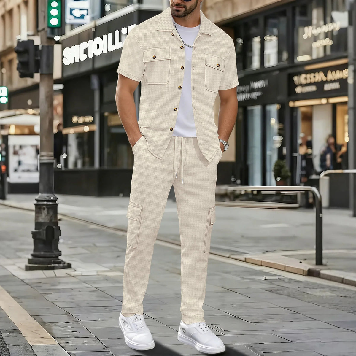 Men's Matching Sets: Waffle Knit 2PC Outfit & Light Coats, Short Sleeve Cargo Shirt & Drawstring Multi-Pkt Pants for Daily