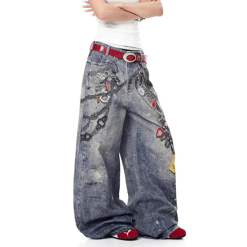 Autumn Korean Trendy Harajuku Streetwear Y2K Candy Chain 3D Printed Baggy Jeans Men's Hip-hop Retro Punk Straight Wide-leg Pants