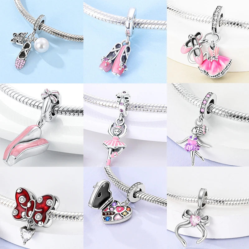 925 Sterling Silver Pink Ballet Girl Bow Pendant Charm Bead for Women – Elegant DIY Jewelry Making Charm for Bracelets & Necklaces