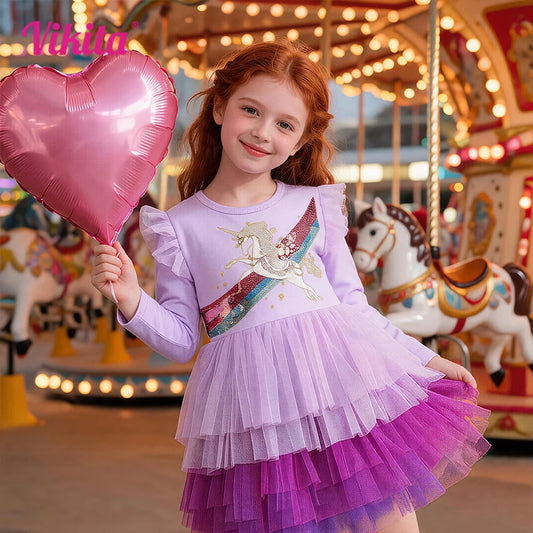 Girls Lavender Unicorn Rainbow Sequin Tulle Dress