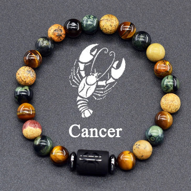 12 Zodiac Constellation Signs Bracelet for Men & Women – Natural Tiger Eye Stone Beaded Bracelet, Leo Taurus Charm Couple Jewelry
