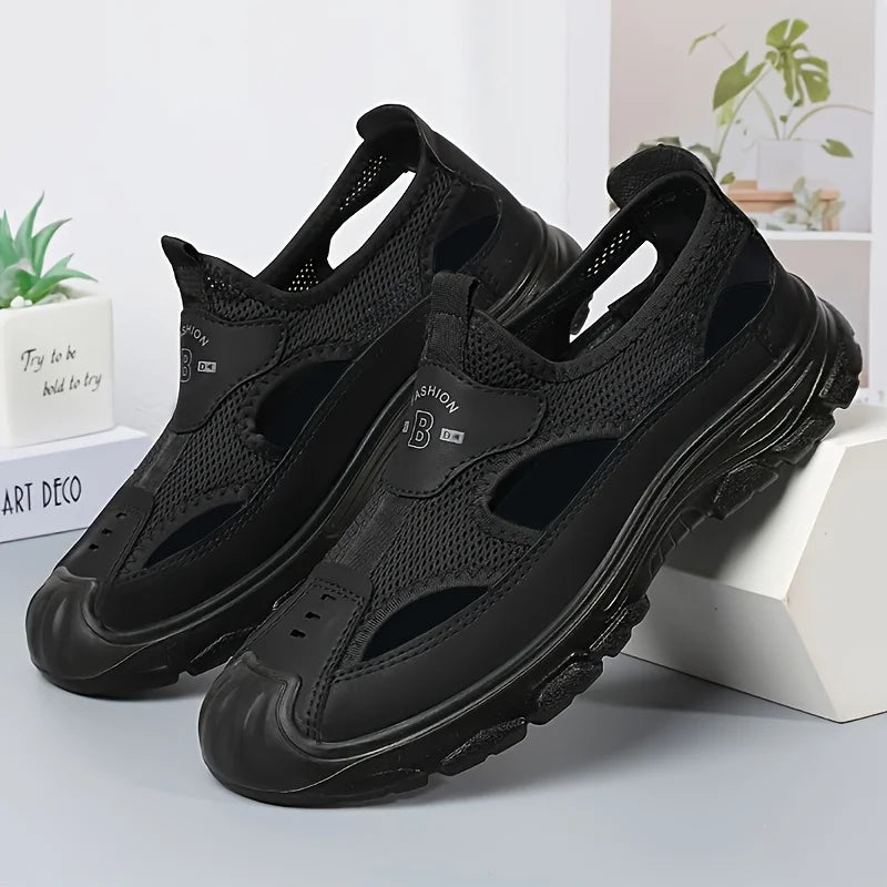 Men Closed Toe Hiking Sandals 2026 New Breathable Mesh Leather Slip On Outdoor Water Shoes Non Slip Thick Sole Beach Walking Sandals Black Brown Two Color Comfort Casual Footwear For Driving Fishing Travel Camping Daily Summe