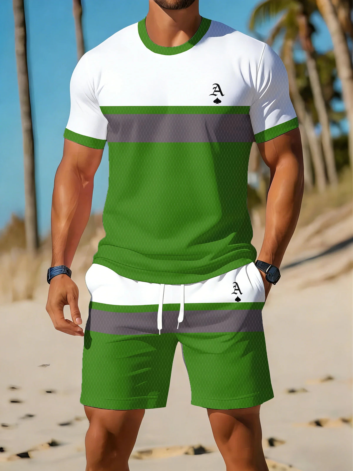Casual Holiday Beach Men's T-shirt And Shorts 2 Pieces Sets Summer Men's Suit Clothing Stripe Print Short Sleeve Tee Shorts Set