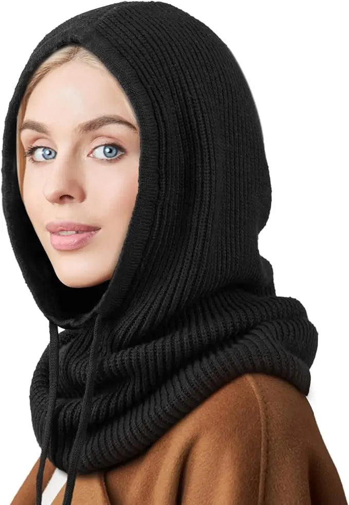 Knitted Hooded Scarf Hat Knit Balaclava Korean Outdoor Style Warm Hooded Scarf with Adjustable Drawstring