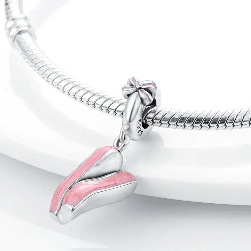 925 Sterling Silver Pink Ballet Girl Bow Pendant Charm Bead for Women – Elegant DIY Jewelry Making Charm for Bracelets & Necklaces
