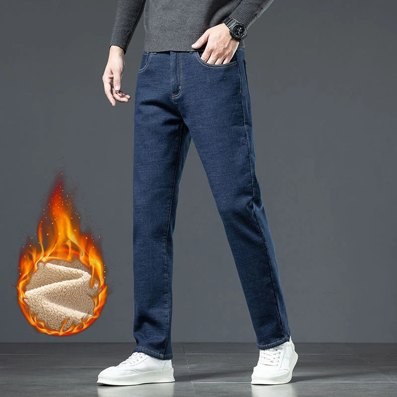 Plus Size 44 46 Casual Sherpa Warm Jeans Men Winter Velvet Thick Trousers Loose Straight Business Classic Fleece Denim Pants