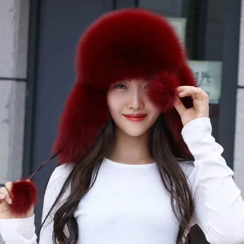Real Fox Fur Hat For Women Winter Fashion Warm Lei Feng Hats Russians Outdoor Skiing Caps Natural Fur Hat Furry Thick Fur Cap