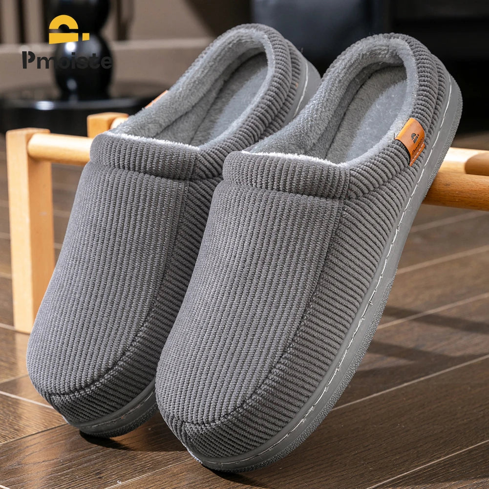 Warm Slippers for Men TPR Sole Memory Foam Soft Cushion Non Slip Stripe Design Comfortable Corduroy House Shoes