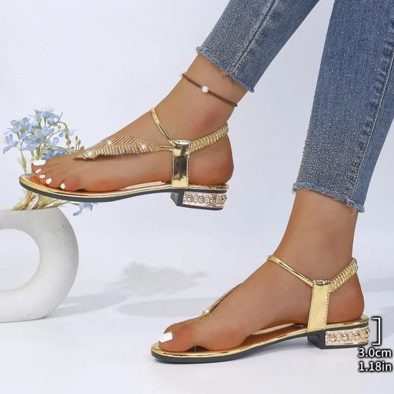 Women’s Gold & Silver Gladiator Flat Sandals – Elegant Ankle Strap Roman Style Summer Beach Shoes with Plus Size Fit