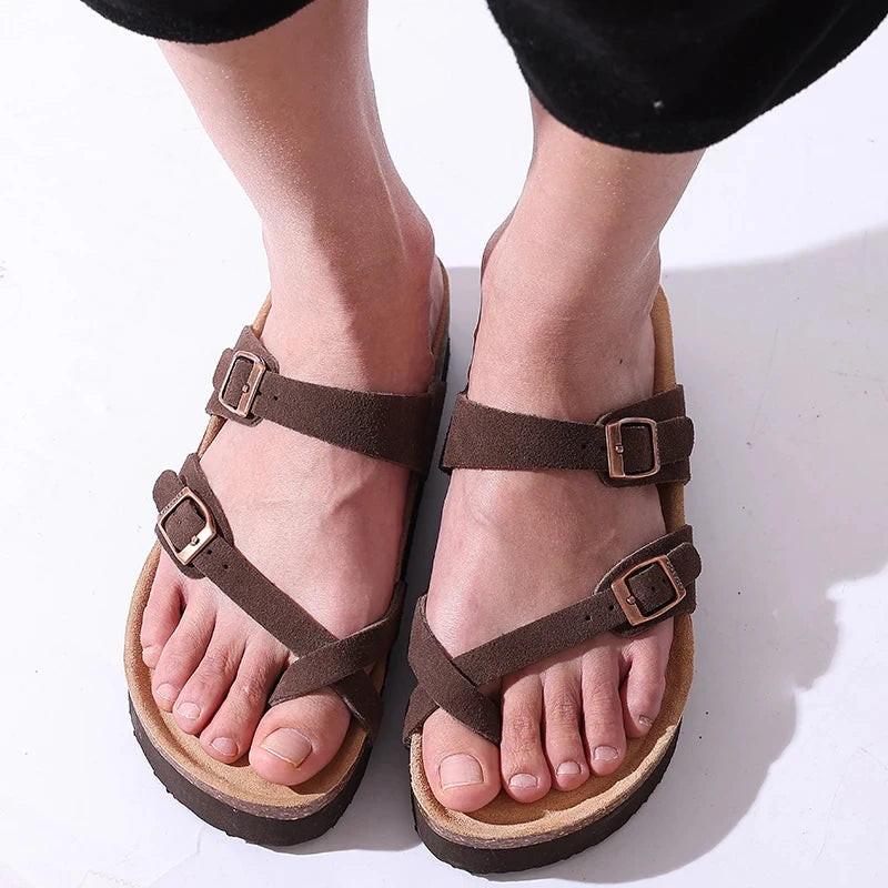 Litfun Classic Leather Cork Slippers Women Fashion Suede Flats Sandals Thick Footbed Cork Slides Unisex Outdoor Beach Slippers