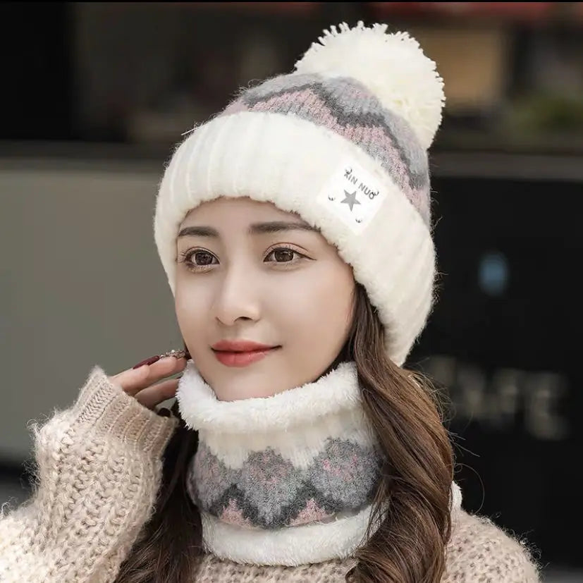 2PCS Winter Women Plush Velvet Hats Neck Warmer Hat Scarf Set Beanies Cycling Windproof Hat Outdoor Ear Protection Outdoor