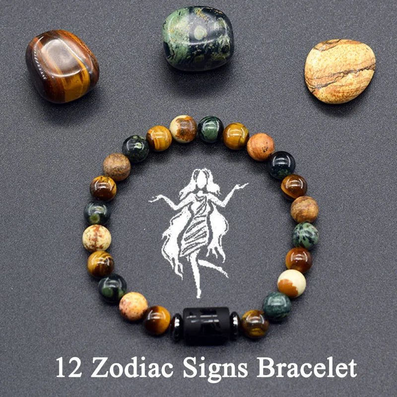 12 Zodiac Constellation Signs Bracelet for Men & Women – Natural Tiger Eye Stone Beaded Bracelet, Leo Taurus Charm Couple Jewelry
