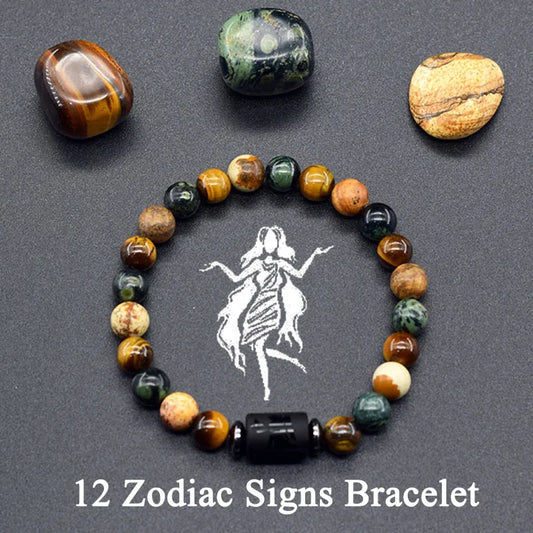 12 Zodiac Constellation Signs Bracelet for Men & Women – Natural Tiger Eye Stone Beaded Bracelet, Leo Taurus Charm Couple Jewelry