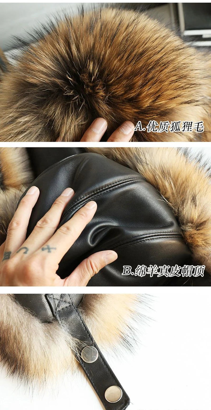 Natural Raccoon Fur Hat Women Black Fox Fur Russian Ushanka Hats Winter Warm Ears Bomber Cap