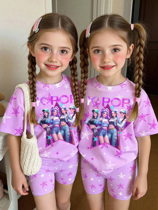 Girls K-POP Star Print T-Shirt and Biker Shorts 2-Piece Set