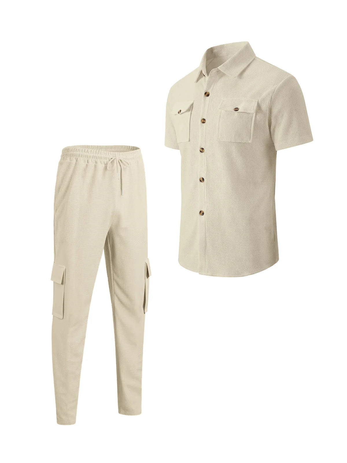 Men's Matching Sets: Waffle Knit 2PC Outfit & Light Coats, Short Sleeve Cargo Shirt & Drawstring Multi-Pkt Pants for Daily