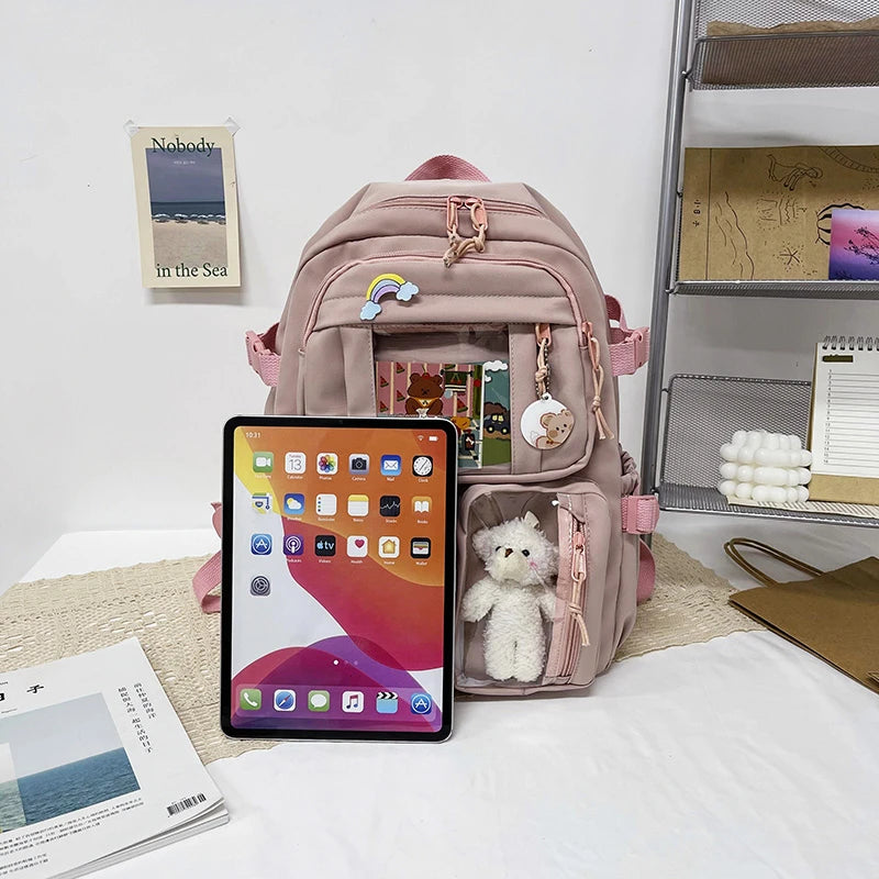 Cute Women’s Waterproof Nylon Backpack – Multi-Pocket Kawaii School Bag, Laptop & Book Pack for Girls, Stylish Student Travel Backpack