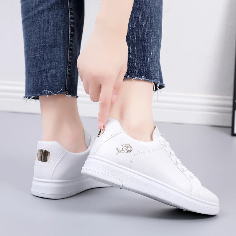 Women’s Floral Embroidered White Sneakers – Breathable PU Leather Lace-Up Casual Fashion Walking Shoes