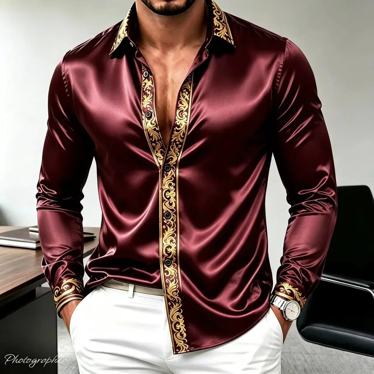Men's Luxury Satin Silk Shirt Long Sleeve Gold Baroque Print Slim Fit Casual Business Party Dress Shirt Streetwear