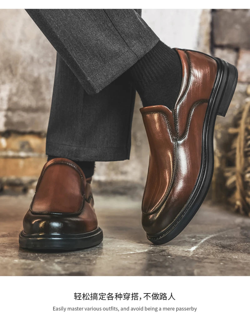Men Vintage Burnished Leather Shoes 2026 Autumn New Trendy Low Top Slip On Casual Leather Shoes British Style Loafers For Men