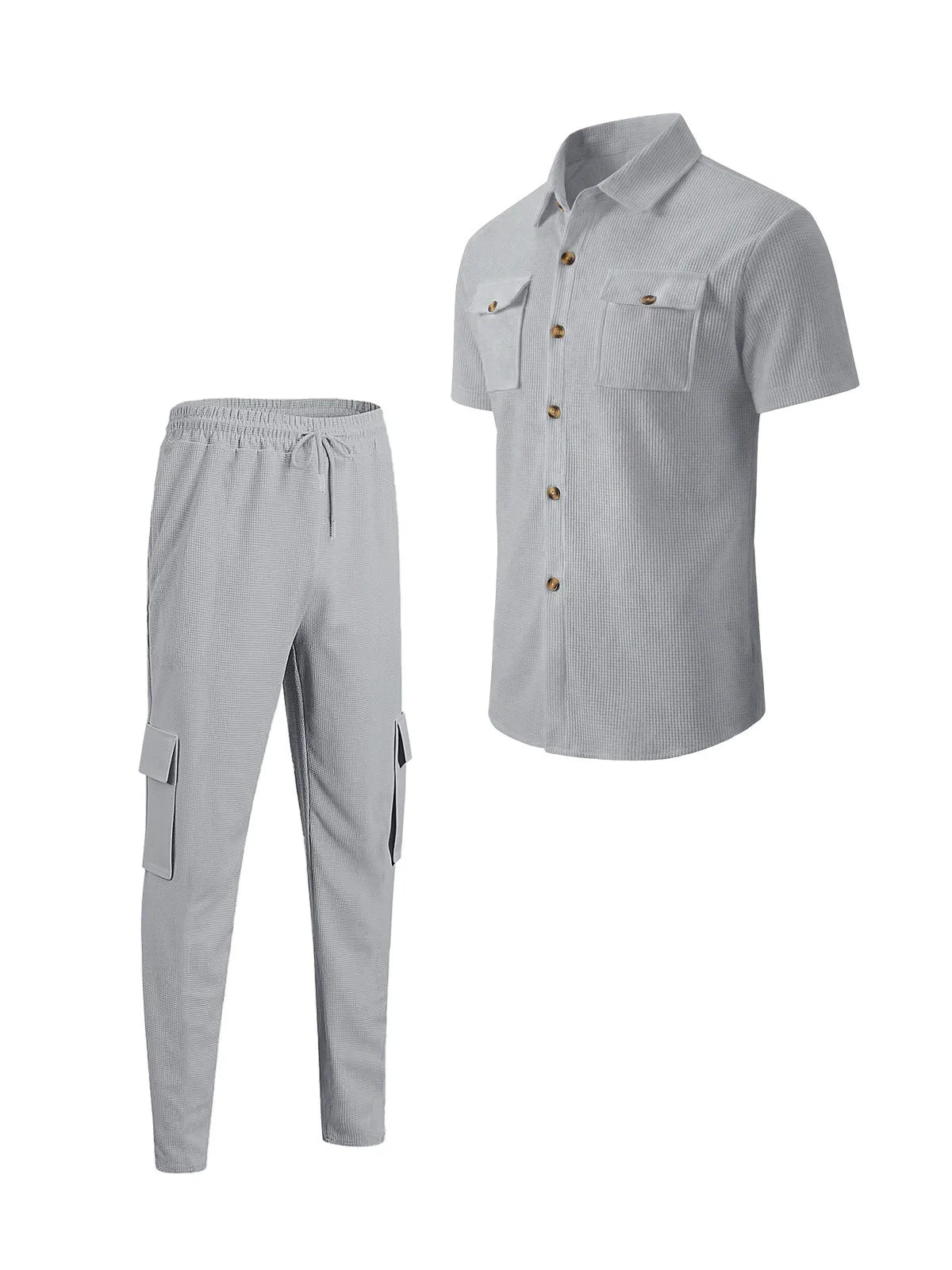 Men's Matching Sets: Waffle Knit 2PC Outfit & Light Coats, Short Sleeve Cargo Shirt & Drawstring Multi-Pkt Pants for Daily