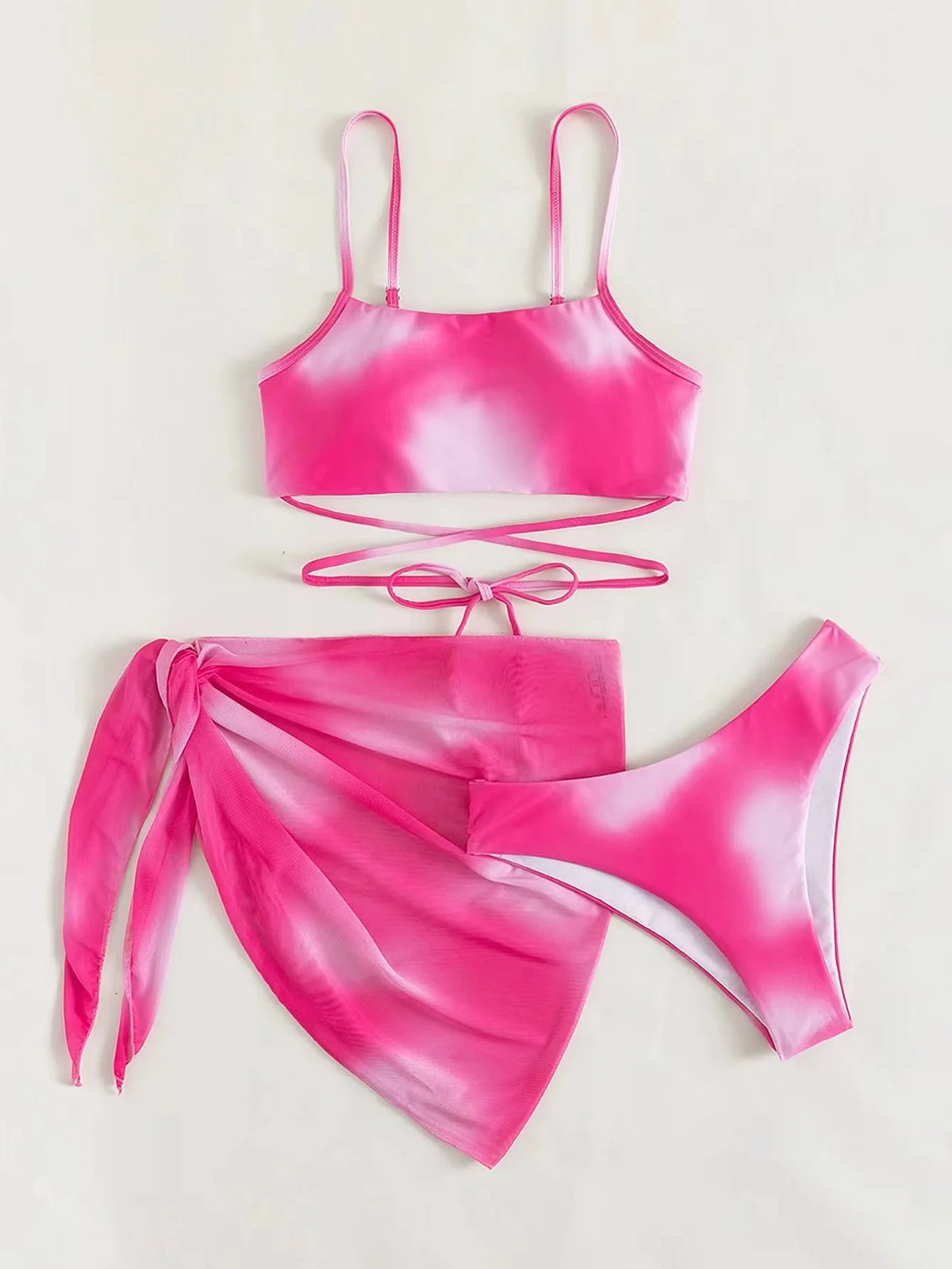 Tie Dye Bikini Swimsuit Women's Three Piece Set Mesh Skirt Split Body Suspender Fashionable Swimsuit Padded Bikini Set Swimwear