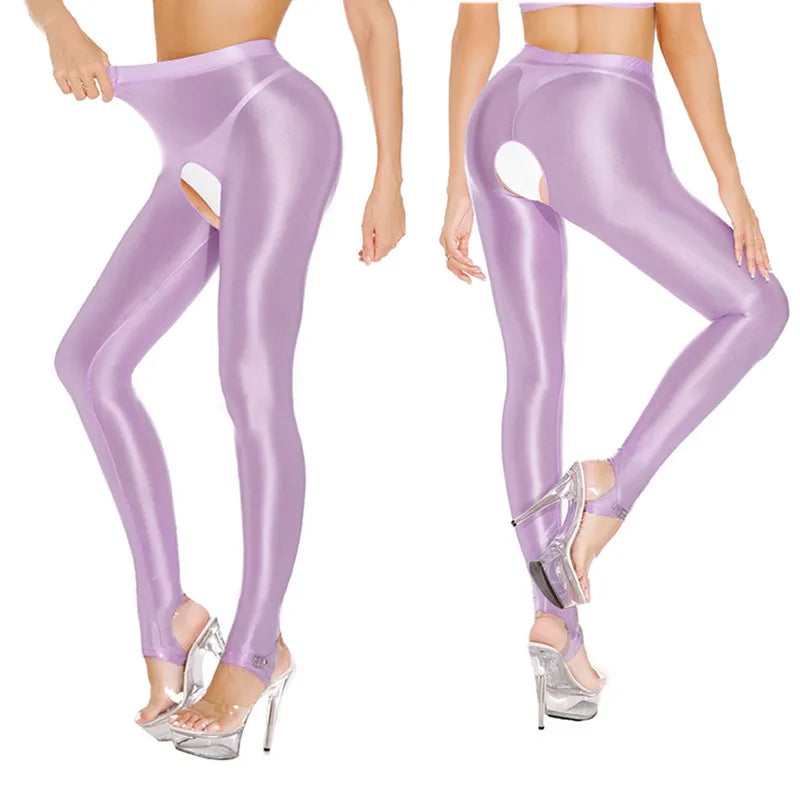 Womens Oil Glossy Open Crotch Leggings Sexy Crotchless Pants Elastic Waistband Stretchy Thigh Skinny Trouser for Yoga Nightwear