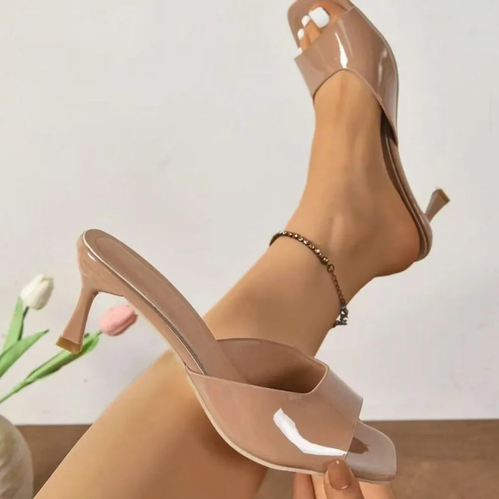Women’s Elegant Peep Toe Stiletto Heel Sandals Slip-On Open Toe Mid Heel Summer Office Party Dress Shoes