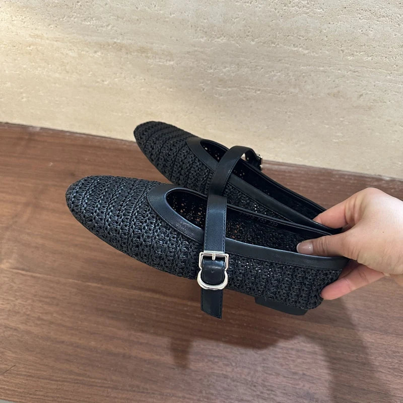 2026 Summer Breathable Hollow out Weave Women Ballet Flats Fashion Mary Janes Soft Soles Walking Loafers Casual Girls Shoes