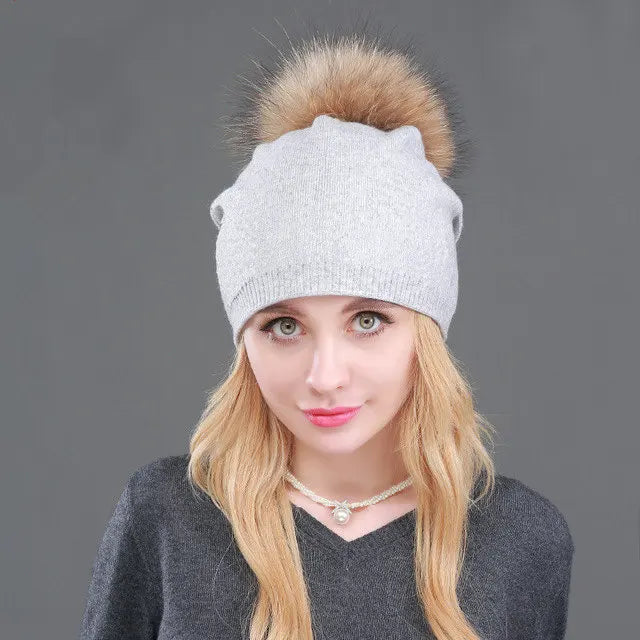 Autumn Winter Knitted Wool Hats For Women Fashion Pompon Beanies Fur Hat Female Warm Caps With Natural Genuine Raccoon Fur Cap
