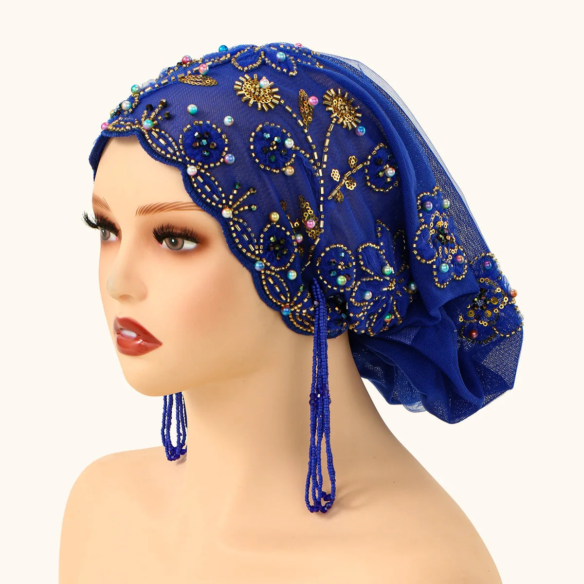 Women’s Luxury Pearl Embroidered Mesh Hijab Cap