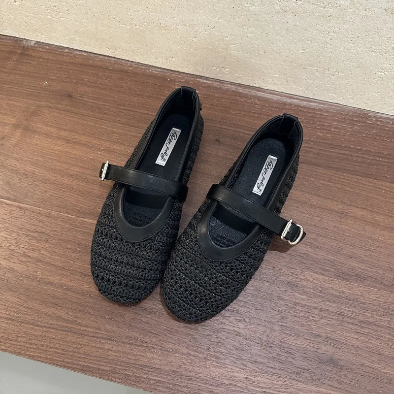 2026 Summer Breathable Hollow out Weave Women Ballet Flats Fashion Mary Janes Soft Soles Walking Loafers Casual Girls Shoes