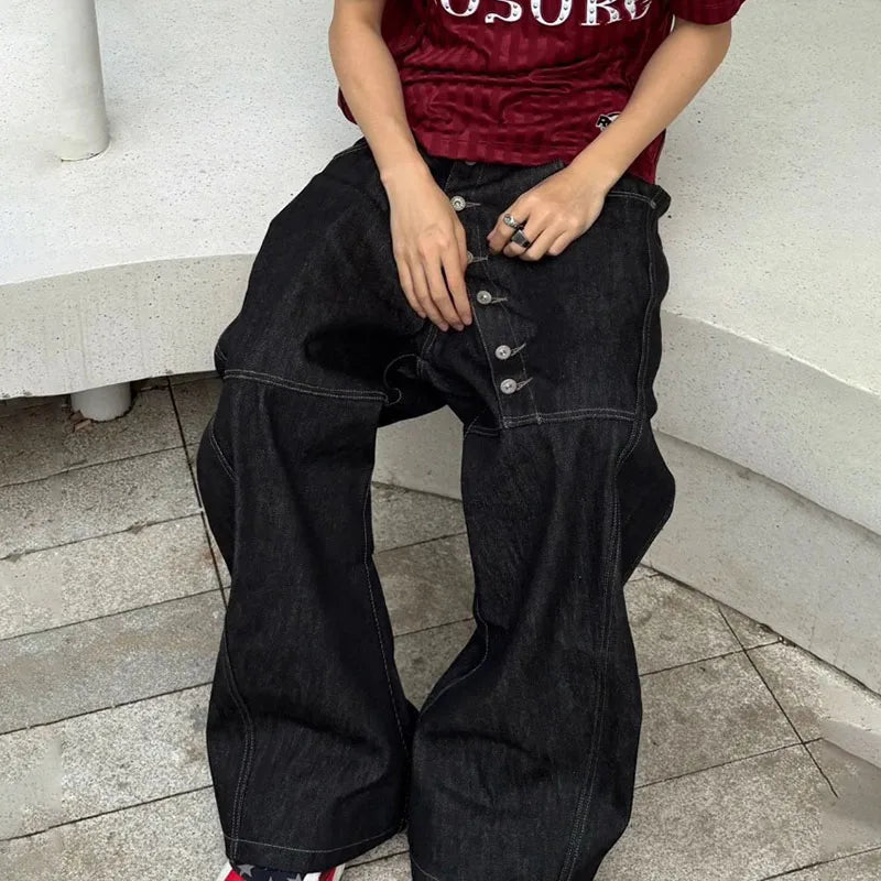 Korean High Street Buckle Curved Jeans Autumn Men'S Loose Straight Leg Pants Black Wide Leg Pants Casual Pants Hip-Hop Pants