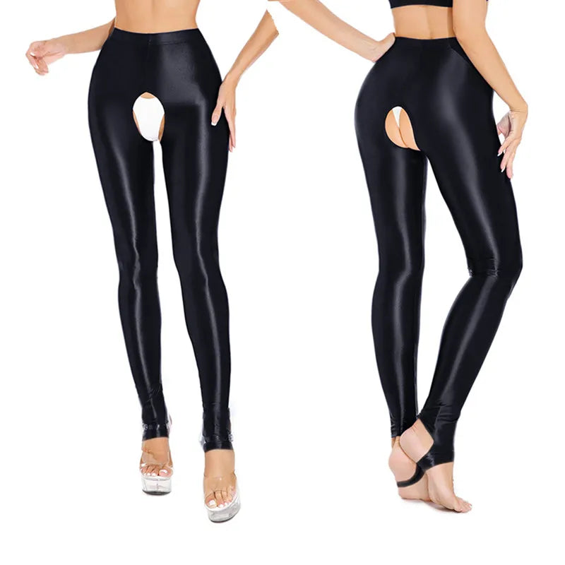 Womens Oil Glossy Open Crotch Leggings Sexy Crotchless Pants Elastic Waistband Stretchy Thigh Skinny Trouser for Yoga Nightwear