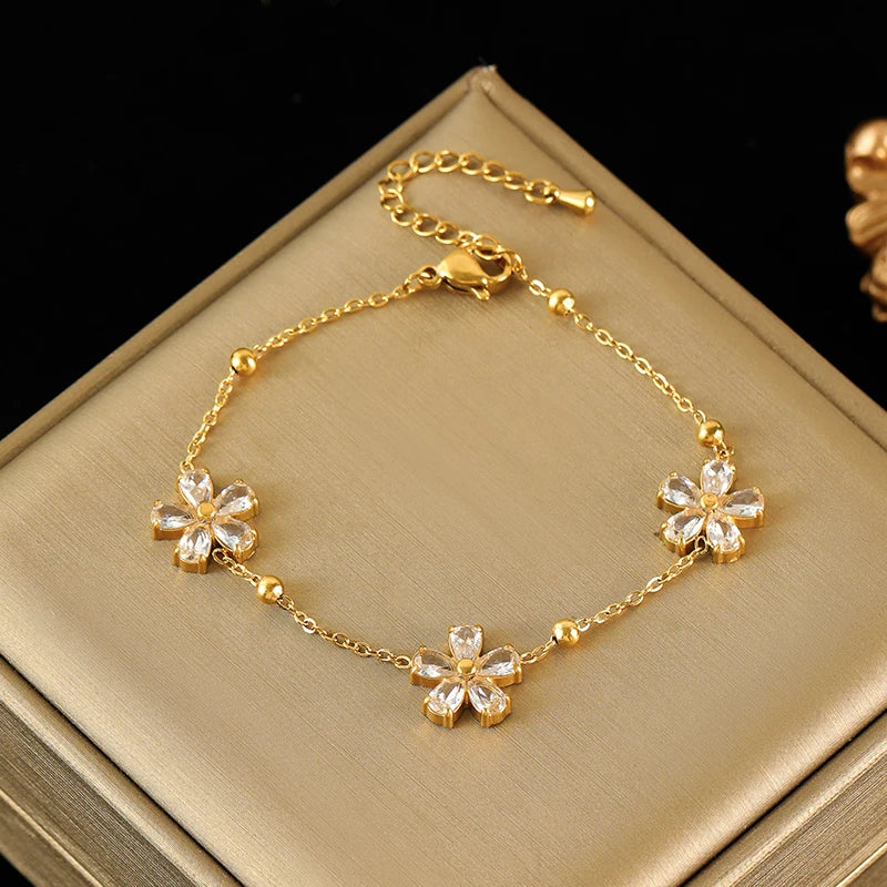 EILIECK 316L Stainless Steel White Zirconia Flower Petal Necklace Bracelet & Earrings Set for Women – Trendy Jewelry Party Gift