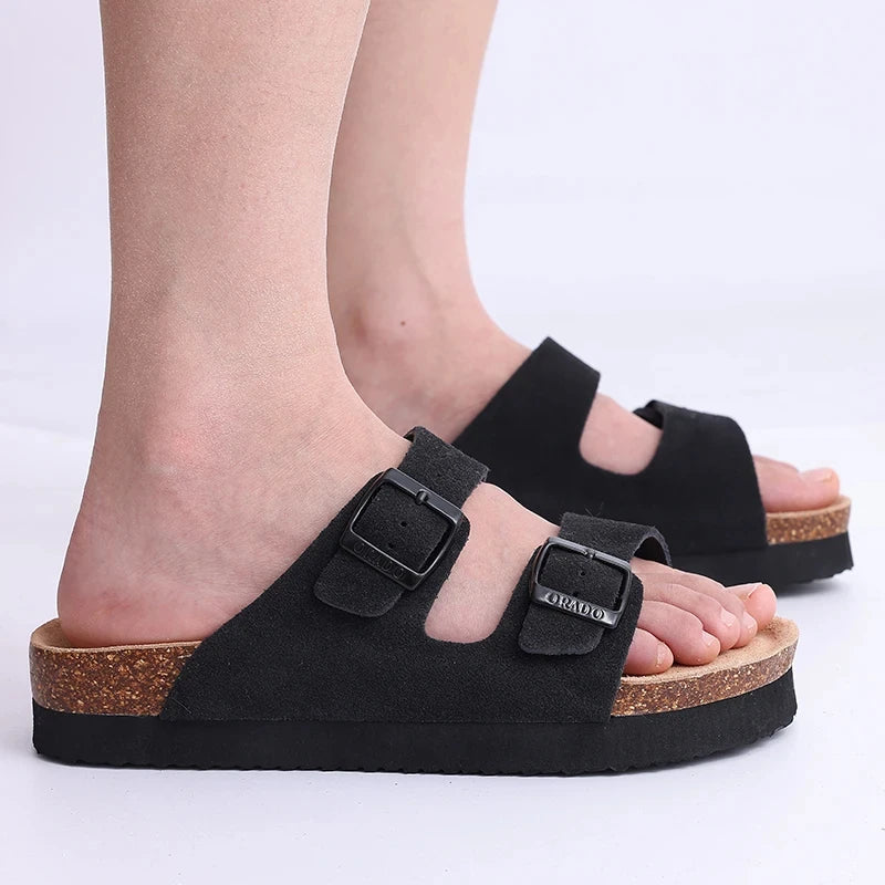 Litfun Classic Leather Cork Slippers Women Fashion Suede Flats Sandals Thick Footbed Cork Slides Unisex Outdoor Beach Slippers