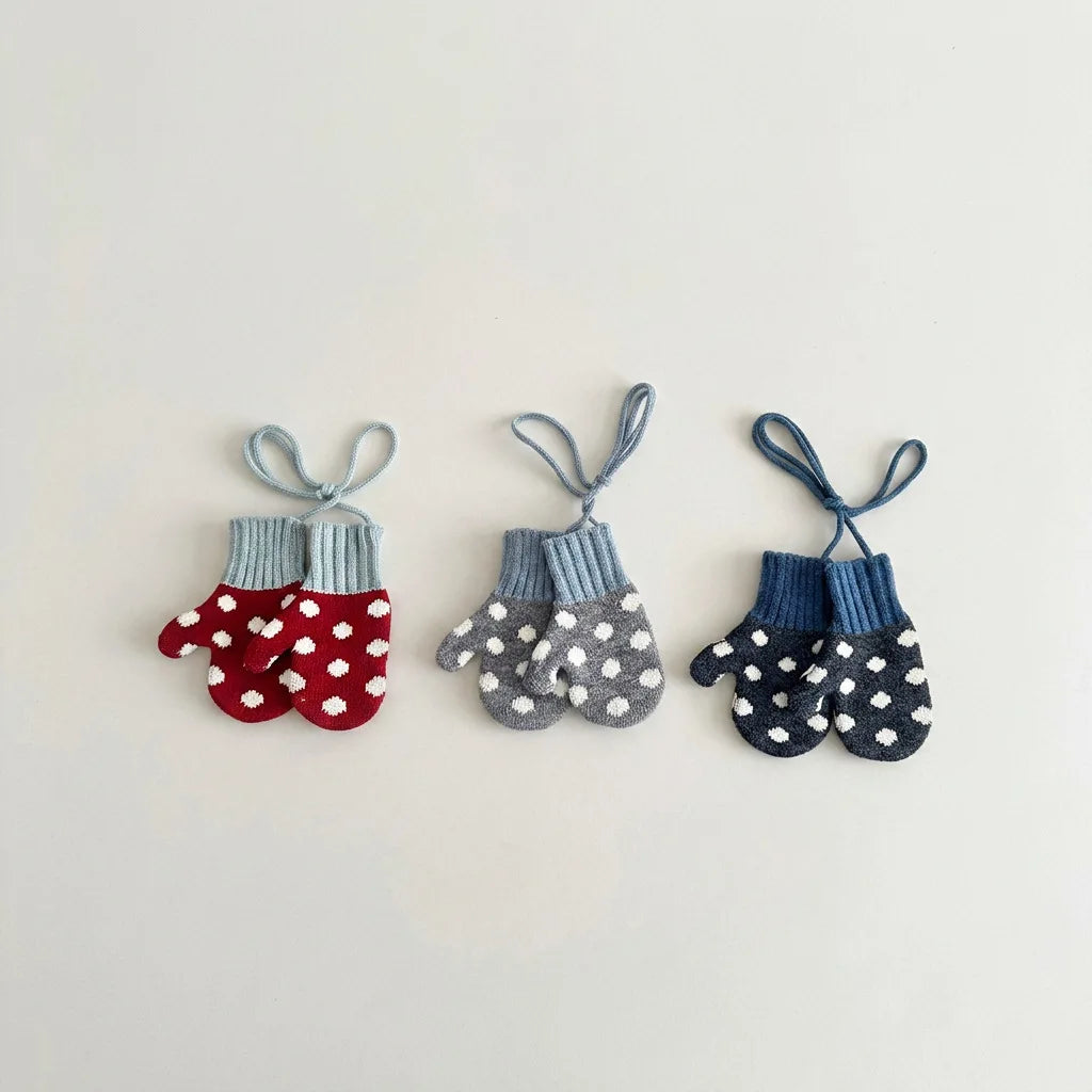 Autumn Winter Baby Anti-lost Gloves Korean Fashion Polka Dot Mittens Kids Gloves Warm Knitted Toddler Gloves for Outdoor Wear