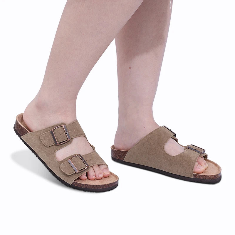 Comwarm Classic Cork Slippers For Women New Fashion Suede Flats Sandals Summer Couple Beach Slides Shoes With Adjustable Buckle