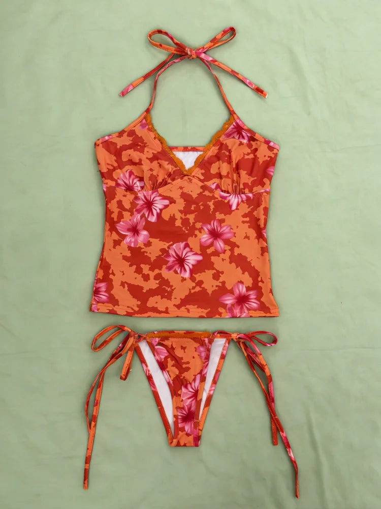 Women's Beach Vacation Swimsuit Orange Embellished Tropical Flower Print Lace Trim Halter Neck Tie Side 2 Piece Bikini Set 2026