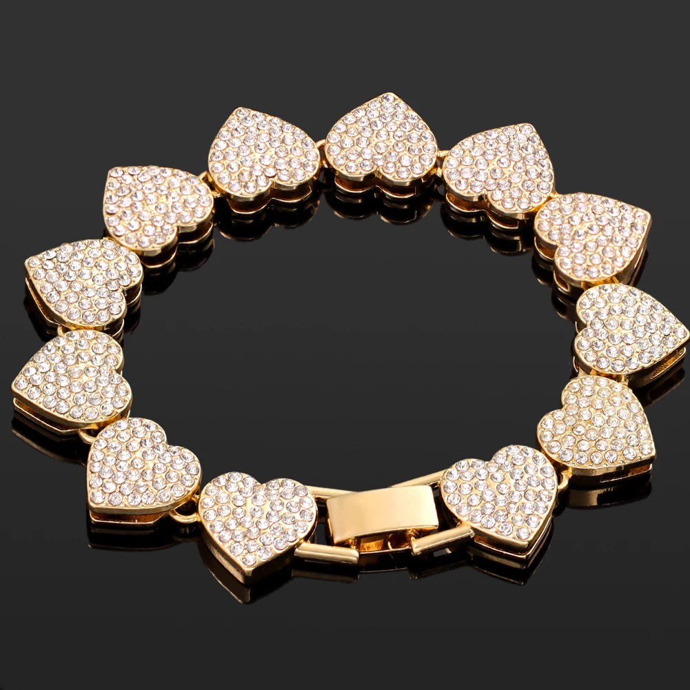Iced Out Pink Cuban Bracelet Set for Women – 4Pcs Hip Hop Crystal Heart, Circle & Square Gold/Silver Tone Bracelets, Fashion Jewelry Gift