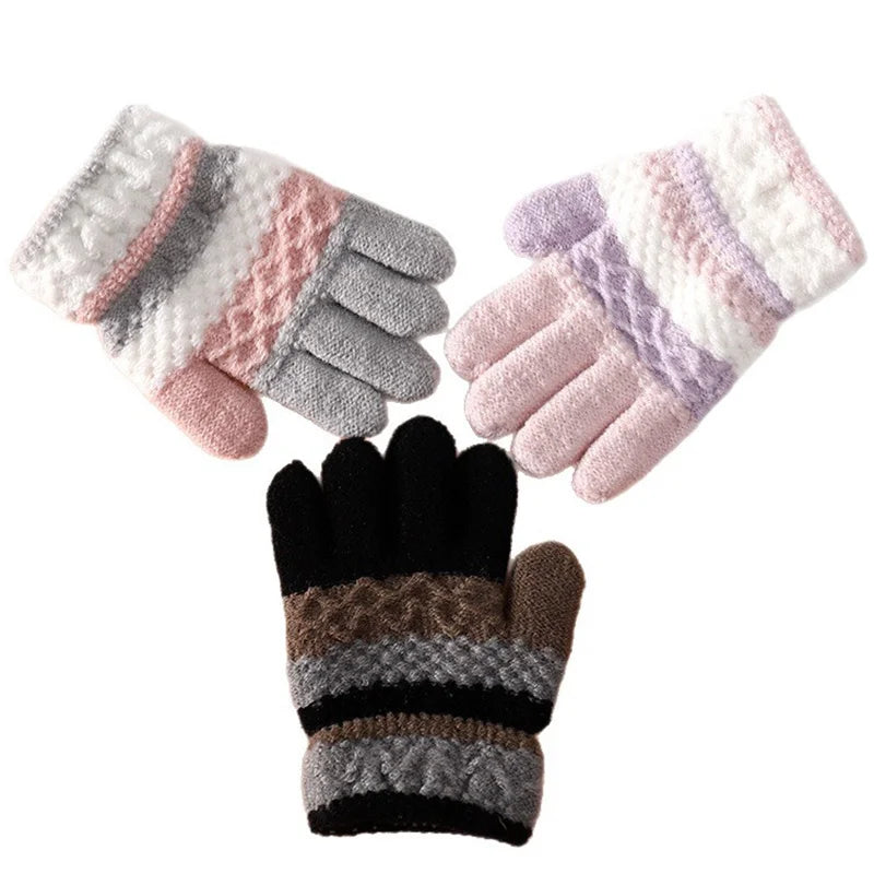 Winter Kids Gloves for Boys Girls Little Children Baby Full Finger Warm Stripes Knitted Casual Outdoor Accessories 3-7 Years