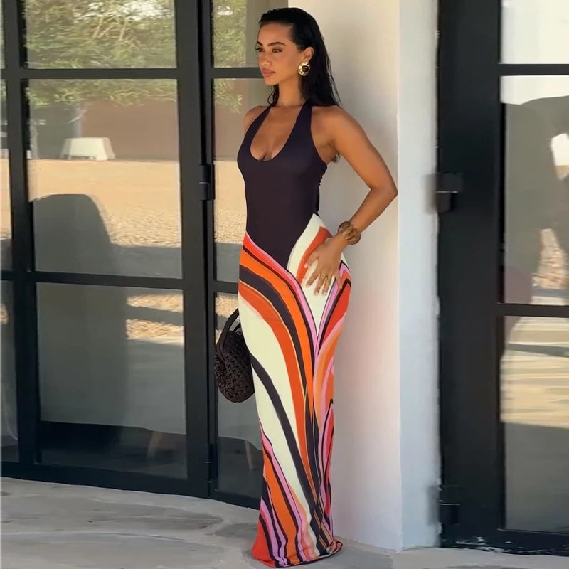 Women’s Sexy Printed Deep V-Neck Backless Maxi Dress