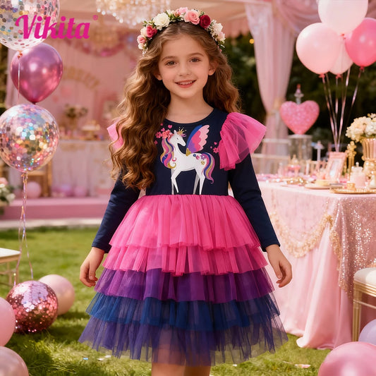 Girls Unicorn Crown Gradient Tulle Princess Dress