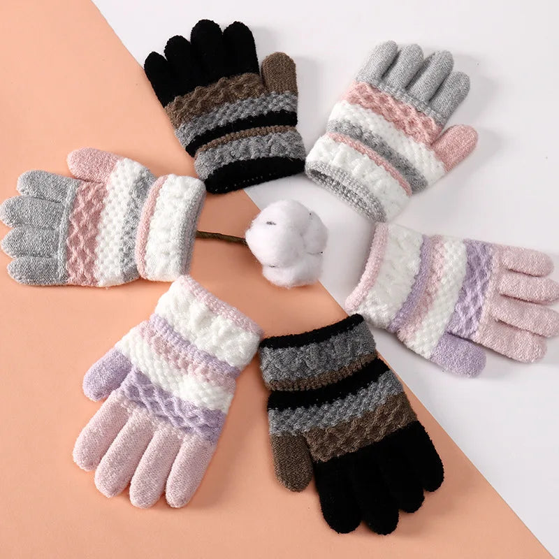 Winter Kids Gloves for Boys Girls Little Children Baby Full Finger Warm Stripes Knitted Casual Outdoor Accessories 3-7 Years