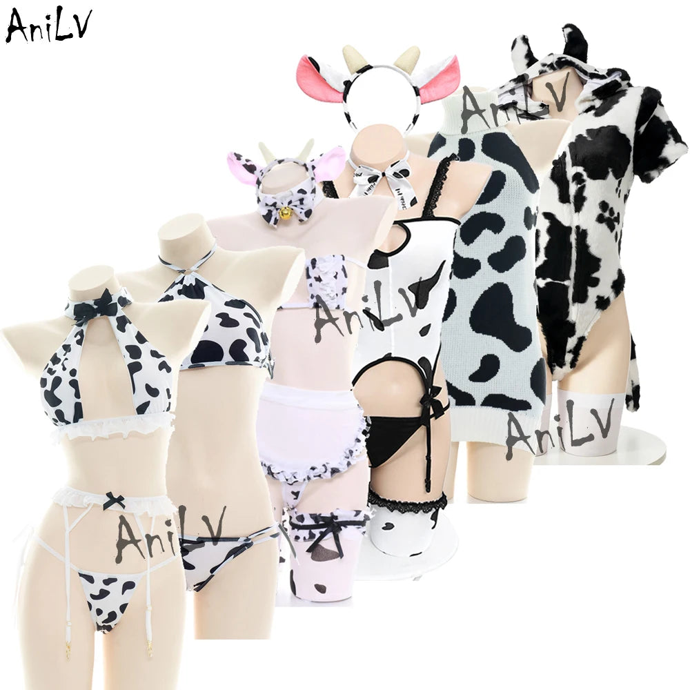 Women’s Kawaii Cow Maid Swimsuit Cosplay Set