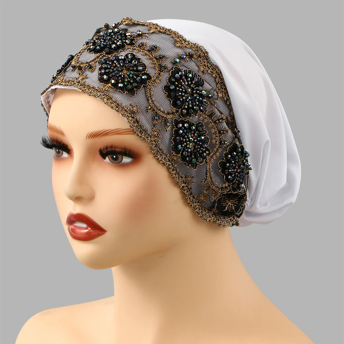 Women’s Luxury Pearl Embroidered Mesh Hijab Cap