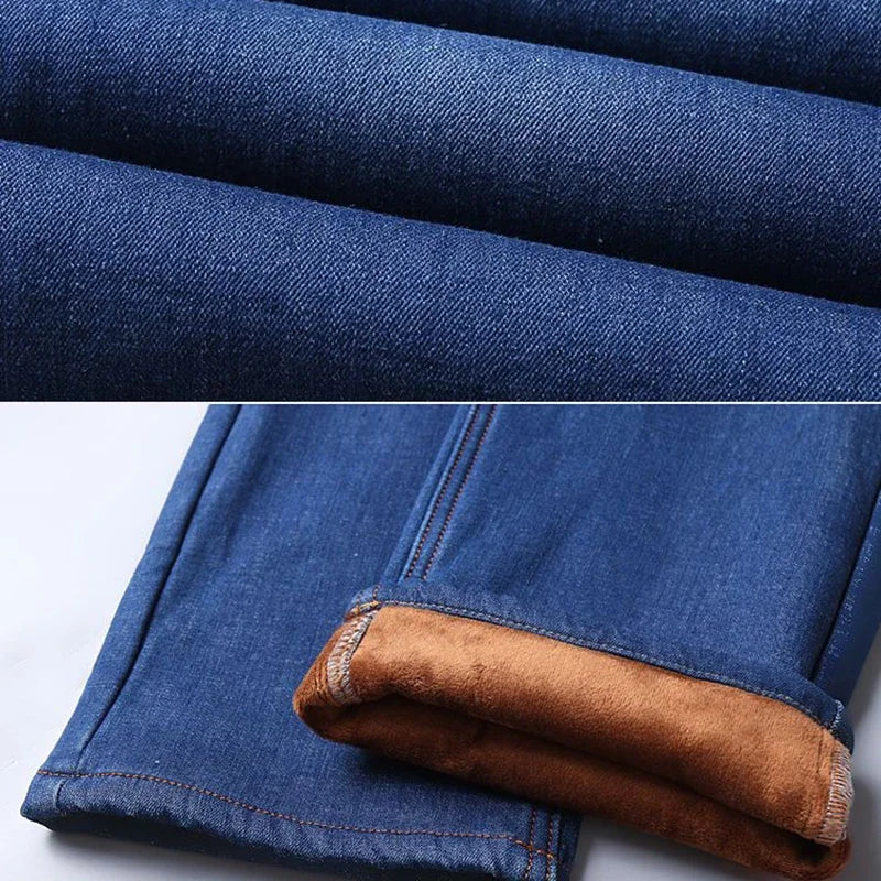 Men Winter Snow Warm Plush  Loose Minimalist Jeans Male Fleece Lined ThickenedStraight Denim Pants Slim Fit Elasticity Trousers